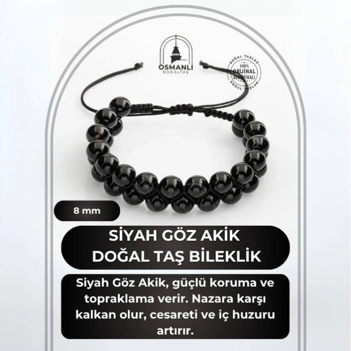 Siyah Göz Akik 8mm Çift Sıra Makrome Doğal Taş Bileklik