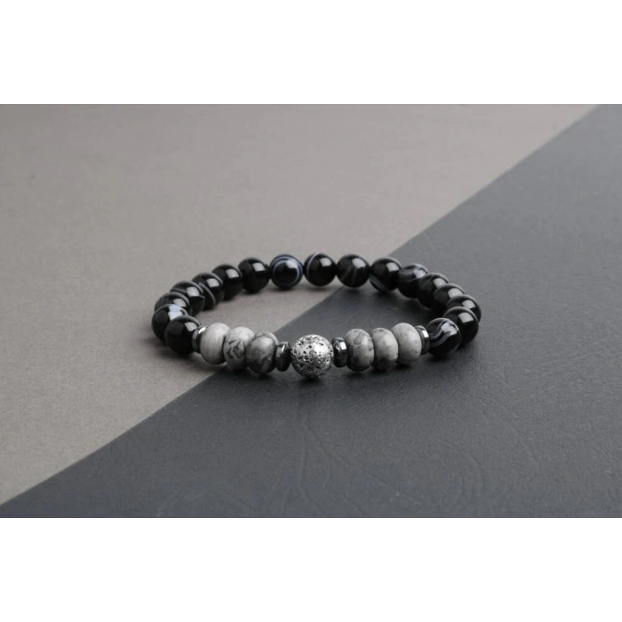 Siyah Göz Akik-Gri Lav-Gri Jasper-Hematit Doğal Taş Bileklik