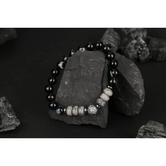 Siyah Göz Akik-Gri Lav-Gri Jasper-Hematit Doğal Taş Bileklik