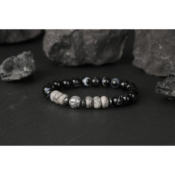 Siyah Göz Akik-Gri Lav-Gri Jasper-Hematit Doğal Taş Bileklik
