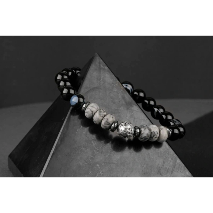 Siyah Göz Akik-Gri Lav-Gri Jasper-Hematit Doğal Taş Bileklik