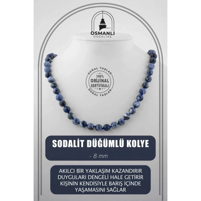 Sodalit 8 mm Düğümlü Doğal Taş Kolye