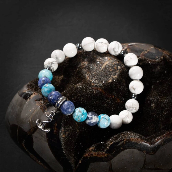 Sodalit-Buz Mavi Apatit-Havlit-Hematit Doğal Taş Erkek Bileklik