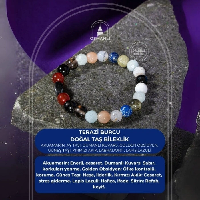 Terazi Burcu Bileklik Akuamarin, Ay Taşı, Dumanlı Kuvars, Golden Obsidyen, Güneş Taşı, Kırmızı Akik, Labradorit, Lapis Lazuli