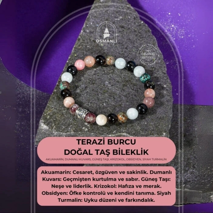 Terazi Burcu Bileklik Akuamarin, Dumanlı Kuvars, Güneş Taşı, Krizokol, Obsidyen, Siyah Turmalin