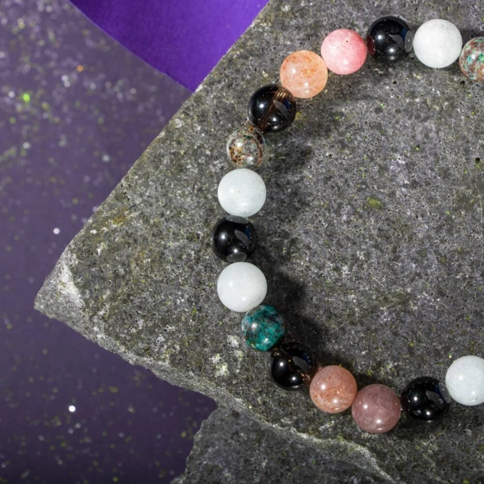 Terazi Burcu Bileklik Akuamarin, Dumanlı Kuvars, Güneş Taşı, Krizokol, Obsidyen, Siyah Turmalin