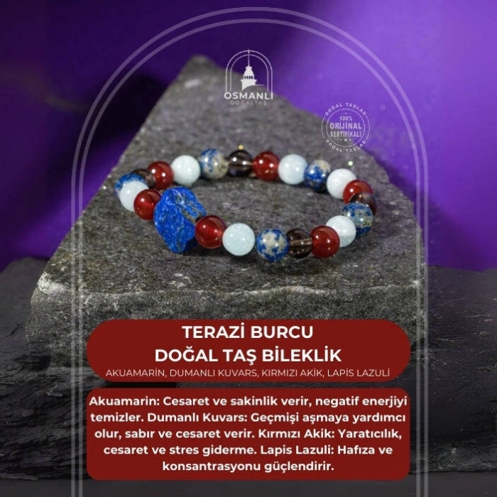 Terazi Burcu Bileklik Akuamarin, Dumanlı Kuvars, Kırmızı Akik, Lapis Lazuli