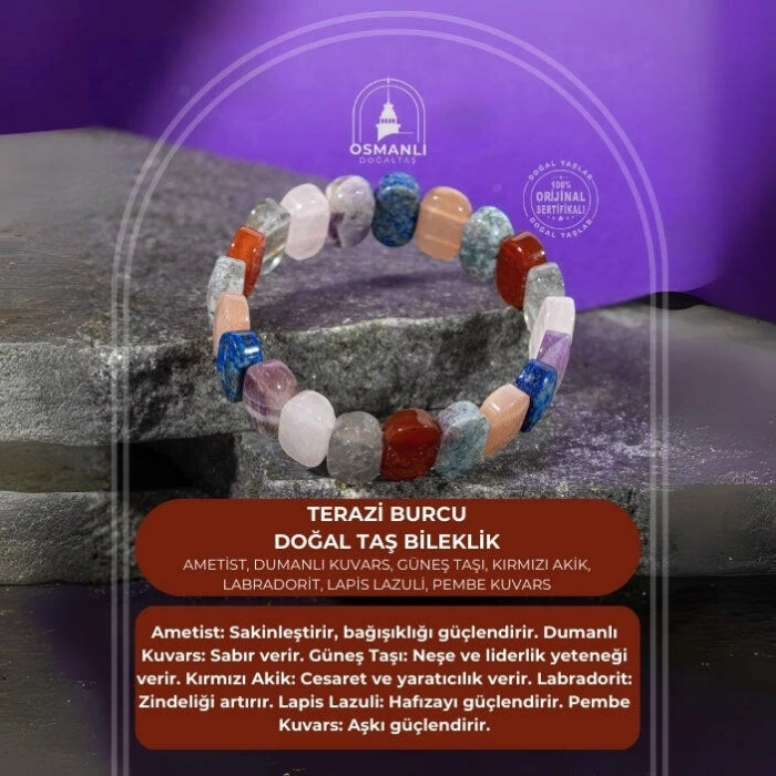 Terazi Burcu Bileklik Ametist, Dumanlı Kuvars, Güneş Taşı, Kırmızı Akik, Labradorit, Lapis Lazuli, Pembe Kuvars