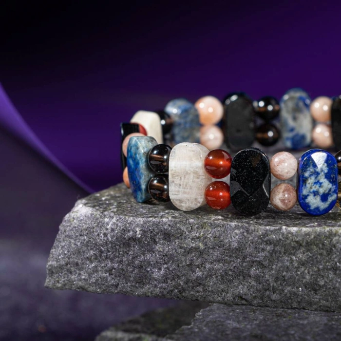 Terazi Burcu Bileklik Ay Taşı, Dumanlı Kuvars, Güneş Taşı, Kırmızı Akik, Lapis Lazuli, Siyah Turmalin
