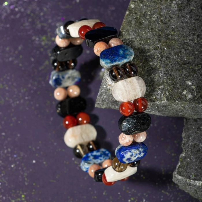 Terazi Burcu Bileklik Ay Taşı, Dumanlı Kuvars, Güneş Taşı, Kırmızı Akik, Lapis Lazuli, Siyah Turmalin