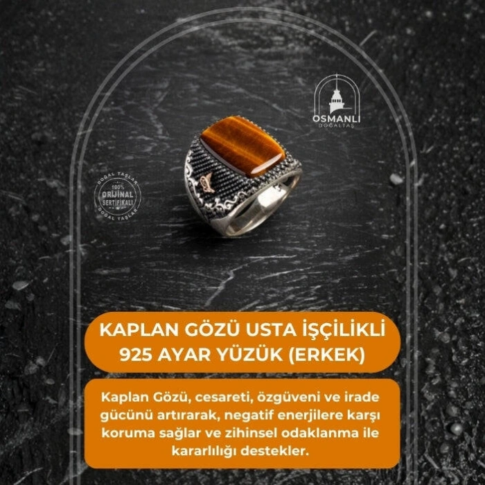Usta İşçilikli 925 Ayar Kaplan Gözü Yüzük (Erkek)