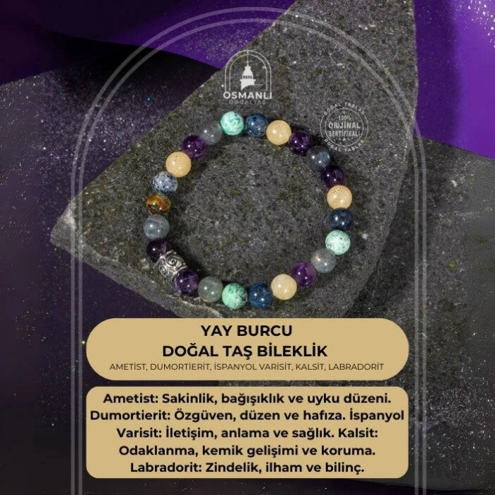 Yay Burcu Bileklik Ametist, Dumortierit, İspanyol Varisit, Kalsit, Labradorit