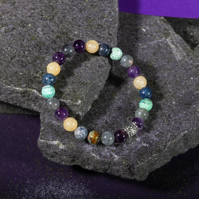 Yay Burcu Bileklik Ametist, Dumortierit, İspanyol Varisit, Kalsit, Labradorit