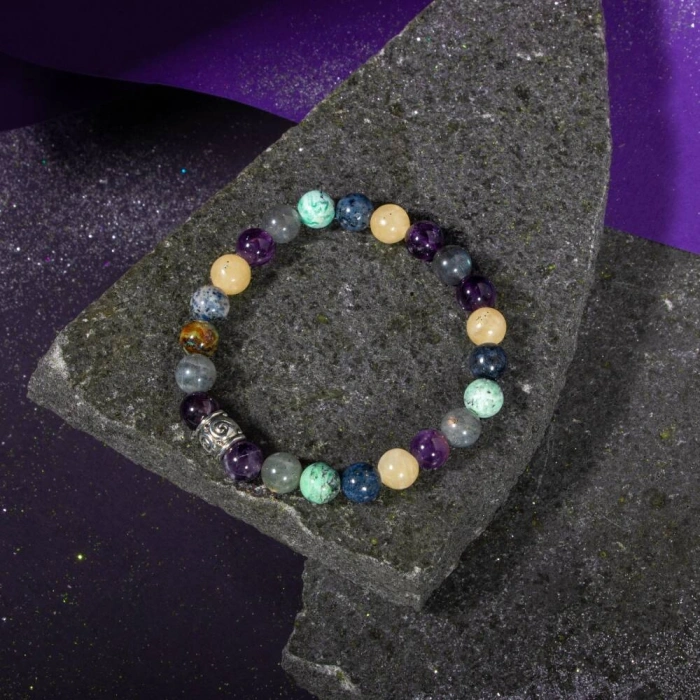 Yay Burcu Bileklik Ametist, Dumortierit, İspanyol Varisit, Kalsit, Labradorit