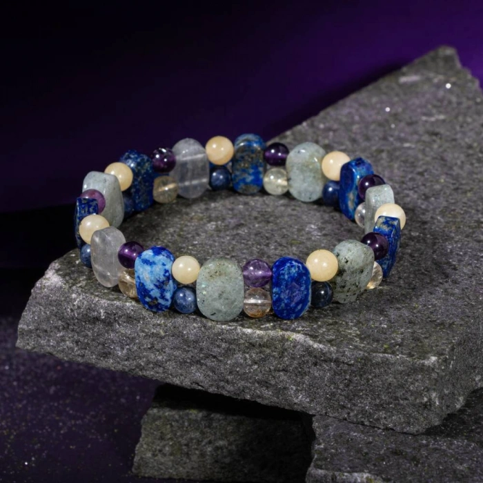 Yay Burcu Bileklik Ametist, Kalsit, Labradorit, Lapis Lazuli, Mavi Akik, Sedef