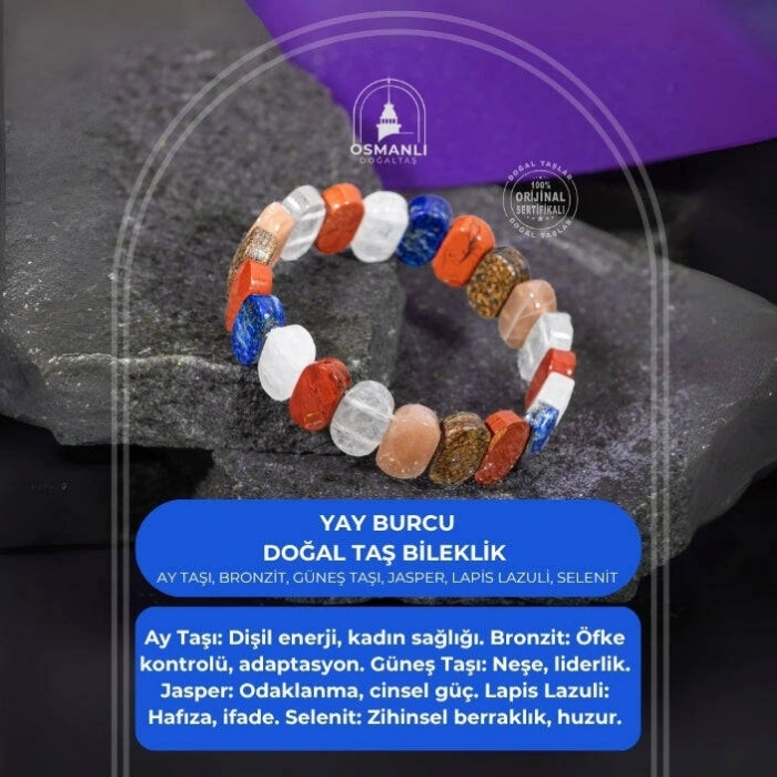 Yay Burcu Bileklik Ay Taşı, Bronzit, Güneş Taşı, Jasper, Lapis Lazuli, Selenit
