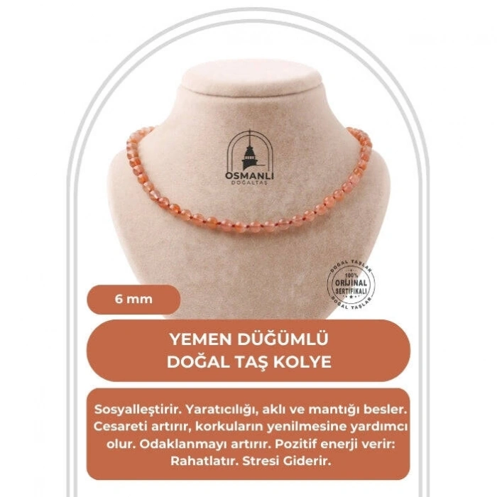 Yemen Akiği 6 mm Düğümlü Doğal Taş Kolye