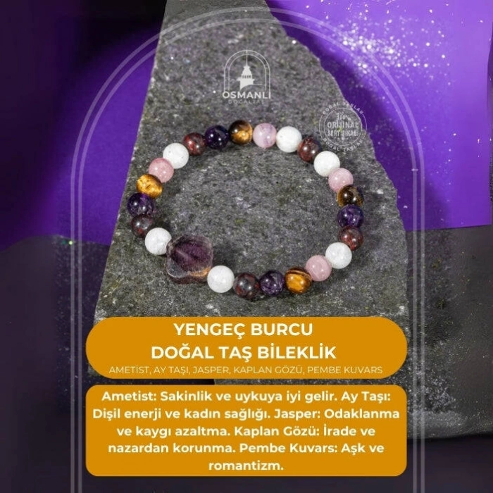 Yengeç Burcu Bileklik Ametist, Ay Taşı, Jasper, Kaplan Gözü, Pembe Kuvars
