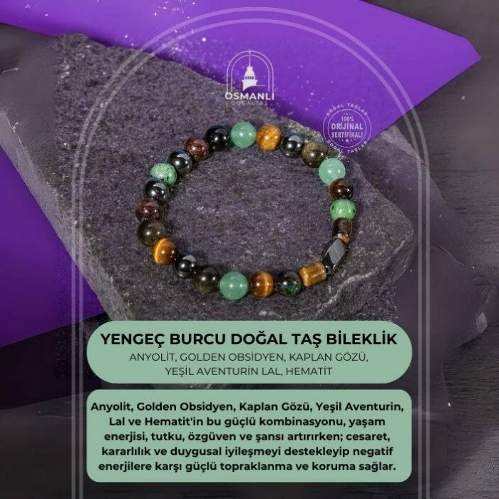 Yengeç Burcu Bileklik Anyolit, Golden Obsidyen, Kaplan Gözü, Yeşil Aventurin, Lal, Hematit