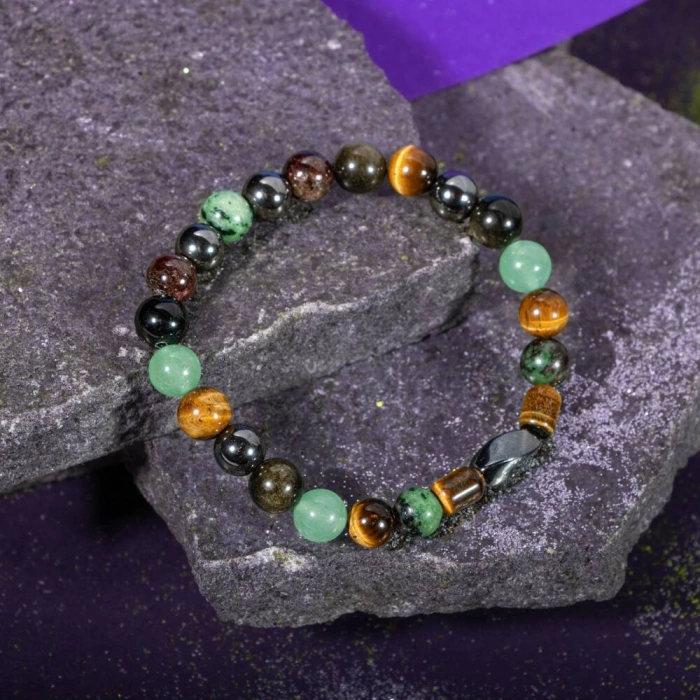 Yengeç Burcu Bileklik Anyolit, Golden Obsidyen, Kaplan Gözü, Yeşil Aventurin, Lal, Hematit