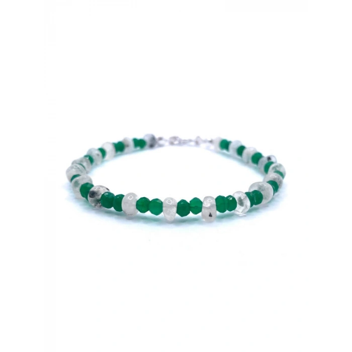 Yeşil Akik - Ay Taşı 4mm Doğal Taş Bileklik Gümüş Kapama