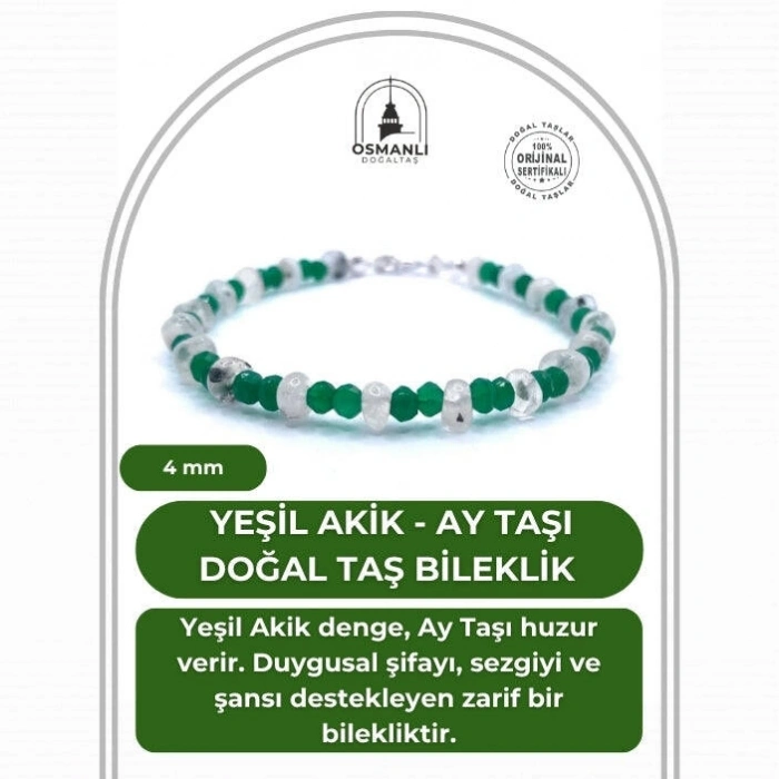 Yeşil Akik - Ay Taşı 4mm Doğal Taş Bileklik Gümüş Kapama
