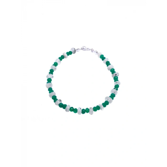 Yeşil Akik - Ay Taşı 4mm Doğal Taş Bileklik Gümüş Kapama