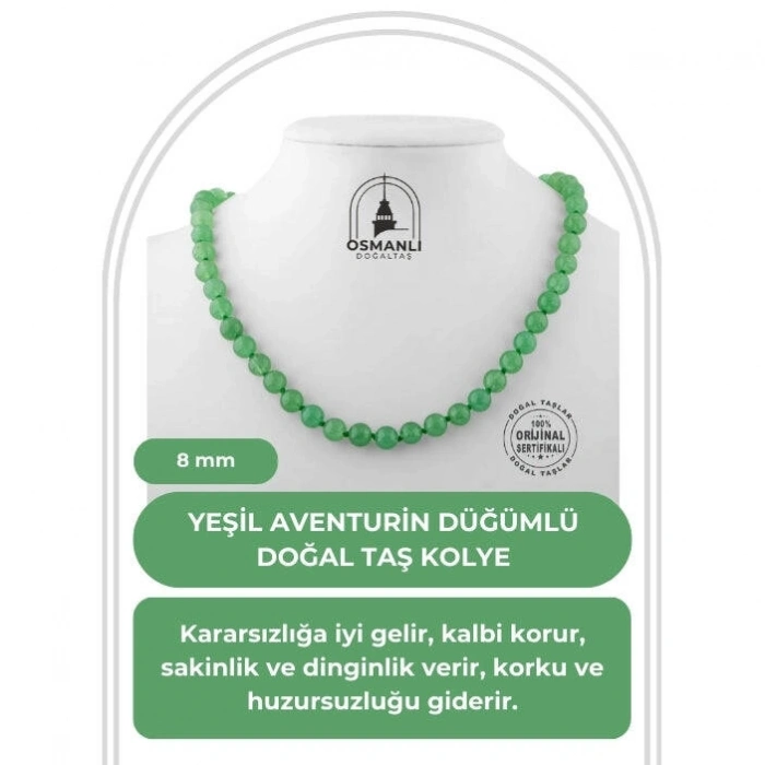Yeşil Aventurin 8 mm Düğümlü Doğal Taş Kolye