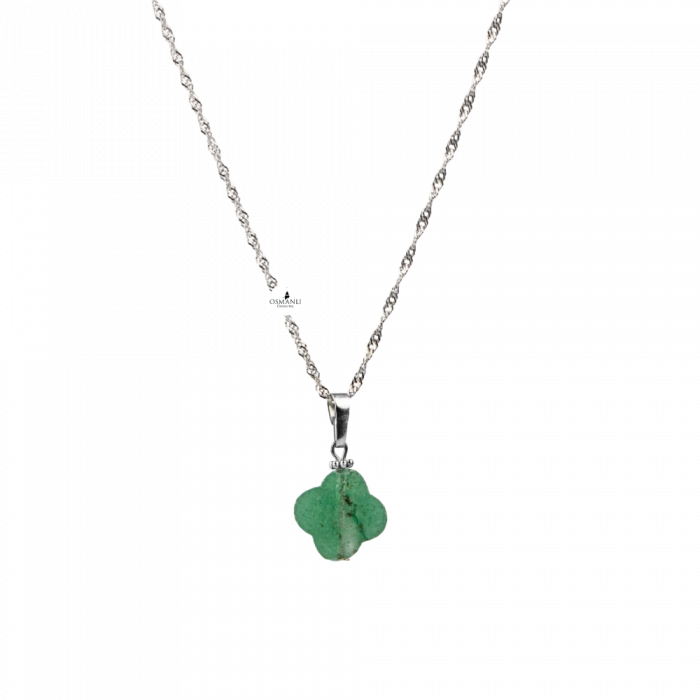 Yeşil Aventurin Doğal Taş Gümüş Zincir Yonca Kolye