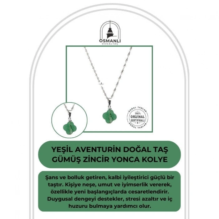 Yeşil Aventurin Doğal Taş Gümüş Zincir Yonca Kolye