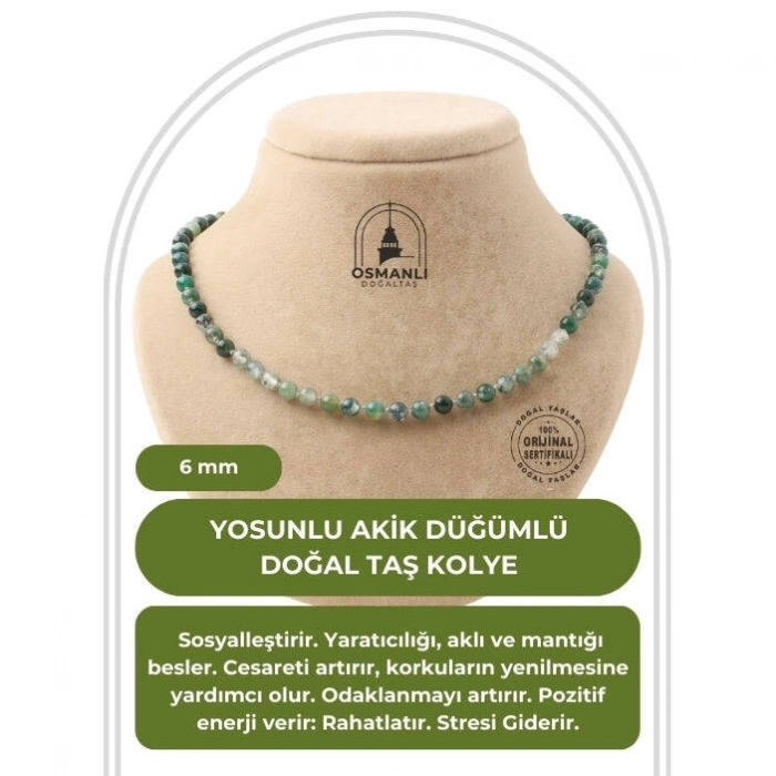 Yosunlu Akik 6 mm Düğümlü Doğal Taş Kolye