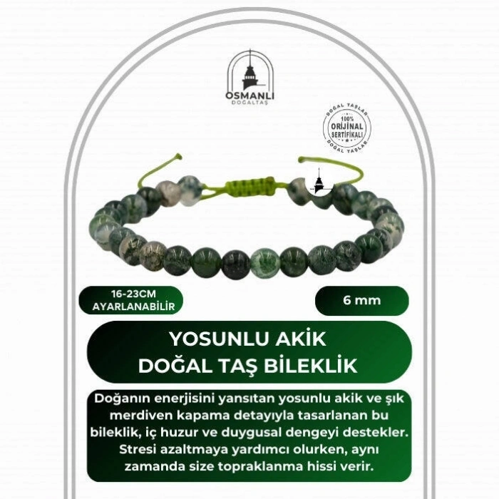 Yosunlu Akik 6mm Merdiven Kapama Doğal Taş Bileklik