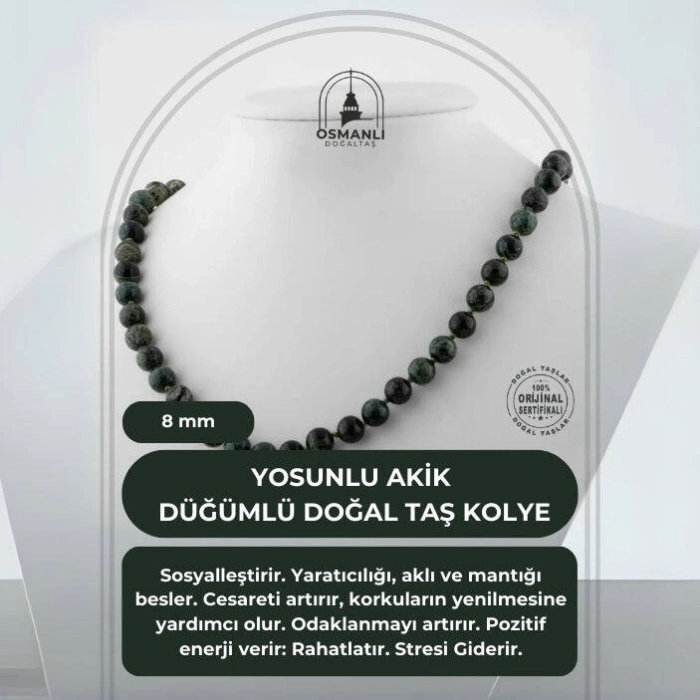 Yosunlu Akik 8 mm Düğümlü Doğal Taş Kolye