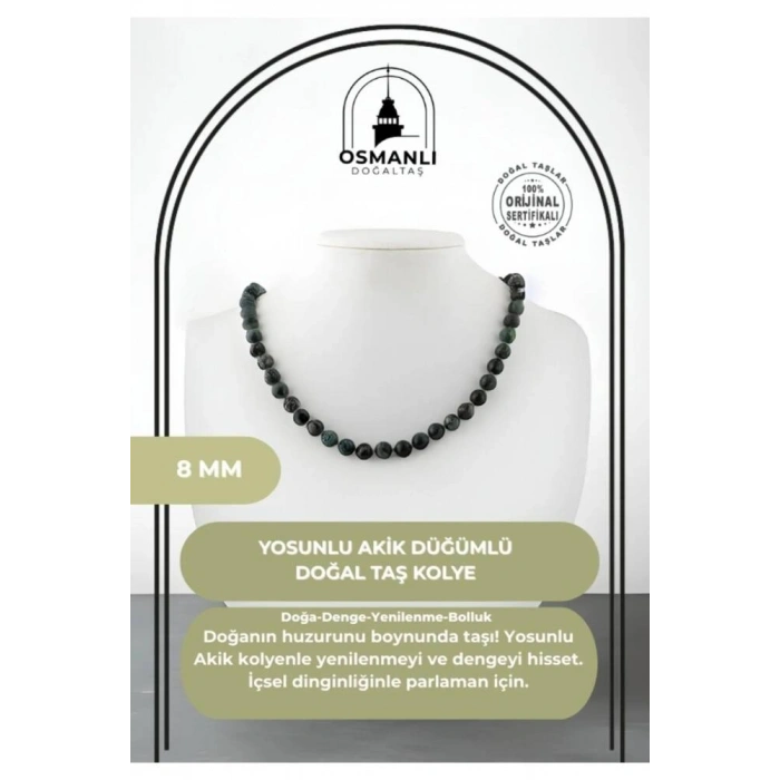 Yosunlu Akik 8 mm Düğümlü Doğal Taş Kolye