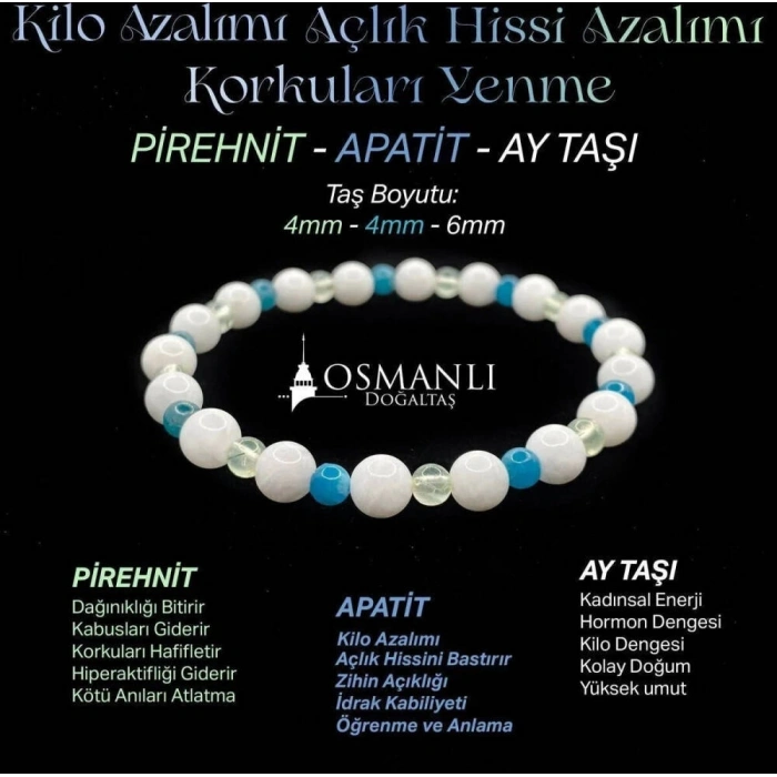Zayıflama Açlık Bastırma Korkuları Azaltma Bilekliği - Ay Taşı - Prehnit - Apatit