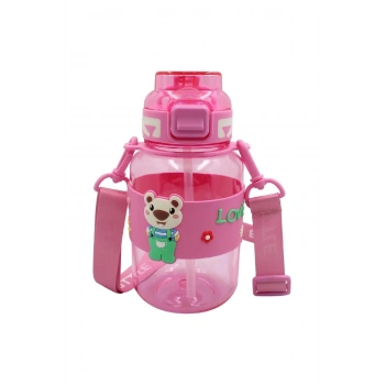 Noki Kids Su Matarası Pembe Petg Pipetli Kapak Ayıcık Silikon Kemerli Askılı 800 ml