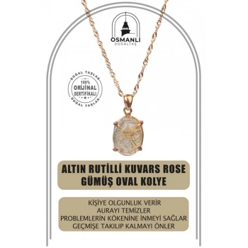 Altın Rutilli Kuvars Doğal Taş Rose Gümüş Oval Kolye
