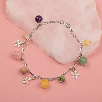 Ametist-Sitrin-Pembe Kuvars-Aventurin-Kalsit-Yeşim-Kehribar Doğal Taş Gümüş Bileklik