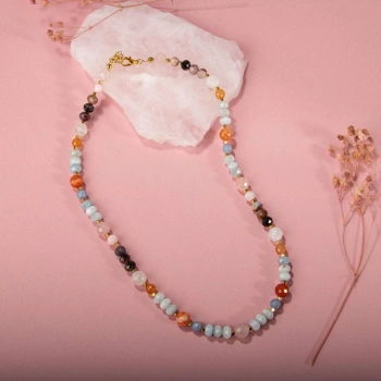 Anjelit-Morganit-Pembe Kuvars-Renkli Turmalin-Ay Taşı-Turuncu Aventurin-Akuamarin-Madagaskar Akik Doğal Taş Kolye