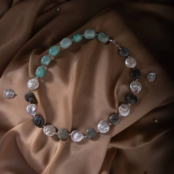 Barok İnci-Amazonit-Labradorit Doğal Taş Gümüş Kolye