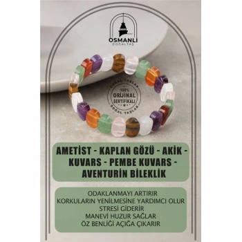 Çakra Bileklik Ametist, Kaplan Gözü, Akik, Kuvars, Pembe Kuvars, Aventurin