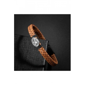 Erkek Bilekliği Kahverengi Deri Örgü Gümüş Bileklik