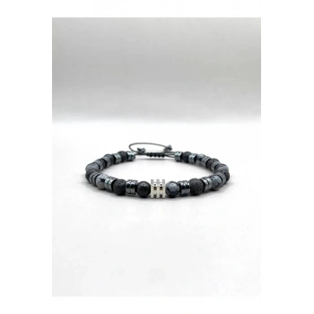 Erkek Bilekliği Karlı Obsidyen - Hematit - Lav Taşı Doğal Taş Hakiki Orijinal Sertifikalı Bileklik