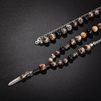 Erkek Kolyesi Fosil Mercan-Şungit-Meksika Jasper-Hematit Doğal Taş Gümüş Tasarım Kolye