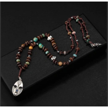 Erkek Kolyesi Hindistan Cevizi Kabuğu-turkuaz-kaplan Gözü-hint Akik-hematit Doğal Taş Gümüş Tasarım Kolye