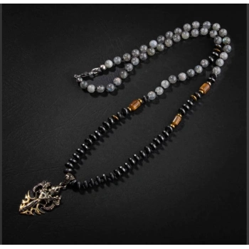 Erkek Kolyesi Labradorit-kaplan Gözü-hematit Doğal Taş Gümüş Tasarım Kolye