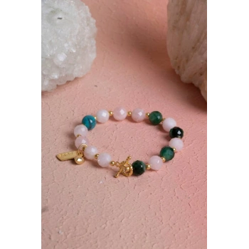 Fasetli Zümrüt & Pembe Kuvars & Firuze  Gümüş Aparatlı Bileklik SK:040