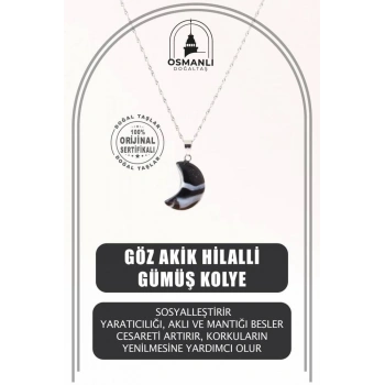Göz Akik Doğal Taş Hilalli Kolye, Gümüş Zincir