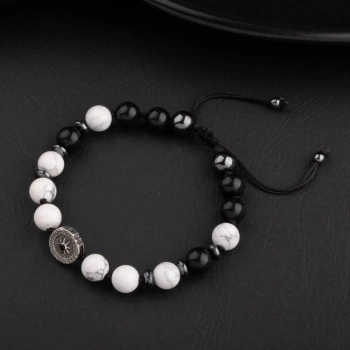 Havlit-Siyah Turmalin-Hematit Doğal Taş Tasarım Gümüş Bileklik- 20-21cm