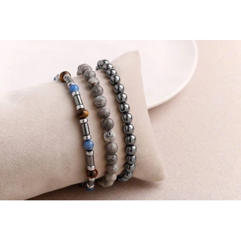 Hematit-Gri Jasper-Kaplan Gözü Erkek Doğal Taş Bileklik Seti